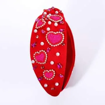CEALXHENY Valentine's Day Hairband, Red/Pink Beaded Heart Headband, Wide Top Knot Headband with Crystal, Jeweled Rhinestone Headband for Women, Valentine's Day Gifts