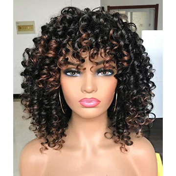 PRETTIEST Afro Curly Wigs Black with Warm Brown Highlights Wigs with Bangs for Black Women Natural L...