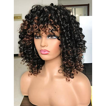 PRETTIEST Afro Curly Wigs Black with Warm Brown Highlights Wigs with Bangs for Black Women Natural Looking for Daily Wear (Ombre Brown)