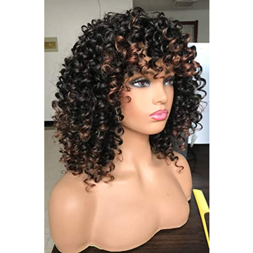 PRETTIEST Afro Curly Wigs Black with Warm Brown Highlights Wigs with Bangs for Black Women Natural Looking for Daily Wear (Ombre Brown)