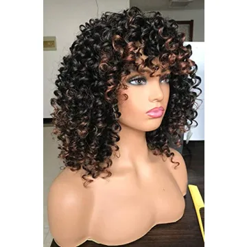 PRETTIEST Afro Curly Wigs Black with Warm Brown Highlights Wigs with Bangs for Black Women Natural Looking for Daily Wear (Ombre Brown)