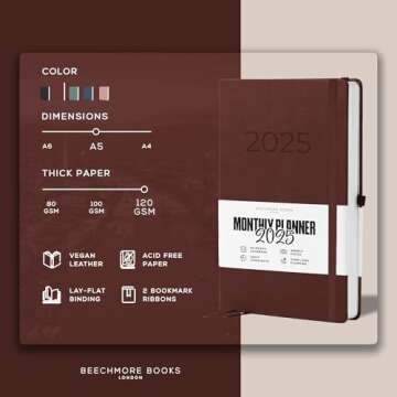 Beechmore Books Planner - A5, Brown | Premium 2025 Diary | Hardcover Journal with Vegan Leather, Thi...