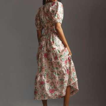 Womens 2024 Summer Maxi Dress Silhouette A-line Dresses Bohemian V-Neck Pleated Puffy Sleeves Floral Print Casual Dress (US, Alpha, Small, Regular, Regular, Floral)