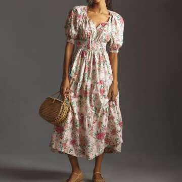 Womens 2024 Summer Maxi Dress Silhouette A-line Dresses Bohemian V-Neck Pleated Puffy Sleeves Floral Print Casual Dress (US, Alpha, Small, Regular, Regular, Floral)