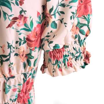 Womens 2024 Summer Maxi Dress Silhouette A-line Dresses Bohemian V-Neck Pleated Puffy Sleeves Floral Print Casual Dress (US, Alpha, Small, Regular, Regular, Floral)