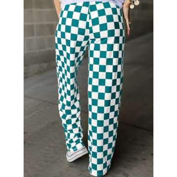 Acelitt Women's Casual Checkered Pants - Lightweight Elastic Waist Trousers
