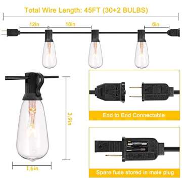 GOOTHY Outdoor String Lights 45Ft ST40 Vintage Patio Lights with 32 Edison Bulb (2 Spare), Backyard ...
