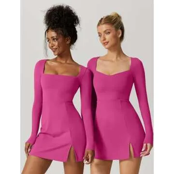 QINSEN Woman's Trendy Square Neck Top High Waist Side Slit Mini Length Dress Azalea S