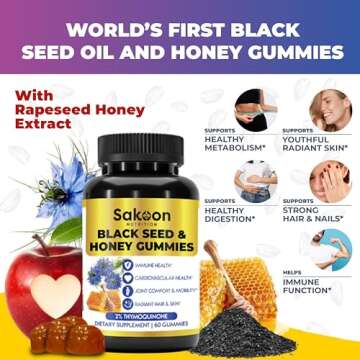 Sakoon nutrition Black Seed Oil Gummies with Honey and W/ 2%+ THYMOQUINONE - Nigella Sativa Seeds - ...