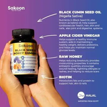 Sakoon nutrition Black Seed Oil Gummies with Honey and W/ 2%+ THYMOQUINONE - Nigella Sativa Seeds - Super antioxidant for Immune Support, Joints, Digestion, Hair & Skin - 60 Gummies