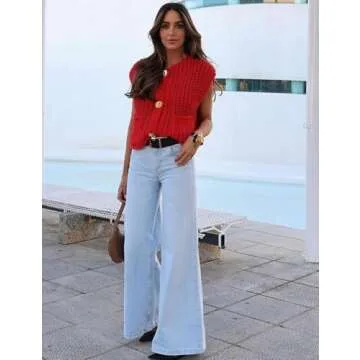 Arssm Women Button Down Chunky Sweater Vest Sleeveless Crop Knit Cardigan Cropped Knitted Sweater Vest(Red-S)