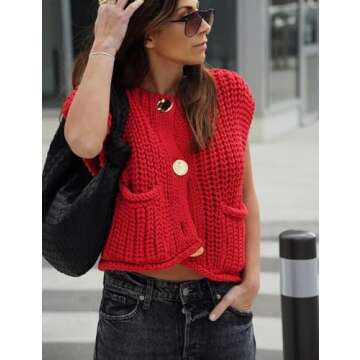 Arssm Women Button Down Chunky Sweater Vest Sleeveless Crop Knit Cardigan Cropped Knitted Sweater Vest(Red-S)