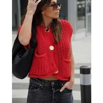 Arssm Women Button Down Chunky Sweater Vest Sleeveless Crop Knit Cardigan Cropped Knitted Sweater Vest(Red-S)