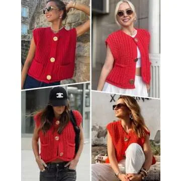 Arssm Women Button Down Chunky Sweater Vest Sleeveless Crop Knit Cardigan Cropped Knitted Sweater Vest(Red-S)