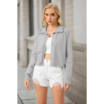 MISSACTIVER Women Ruffle Collar Cropped Cardigan Casual Lapel Button Down Sweaters Long Sleeve Open Front Knit Jacket Grey