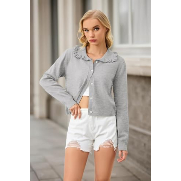 MISSACTIVER Women Ruffle Collar Cropped Cardigan Casual Lapel Button Down Sweaters Long Sleeve Open Front Knit Jacket Grey