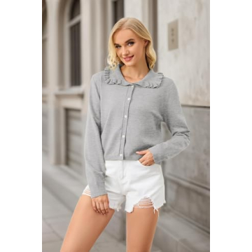 MISSACTIVER Women Ruffle Collar Cropped Cardigan Casual Lapel Button Down Sweaters Long Sleeve Open Front Knit Jacket Grey