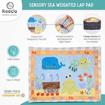 Reecio Weighted Lap Pad Blanket (3 lbs, 20 x 24in) for Toddler Kids & Washable Cover, Unique Cotton/Minky Fidget Cover Designed in The USA, Travel Size Childrens Throw - with Wash Bag (Sensory Sea)