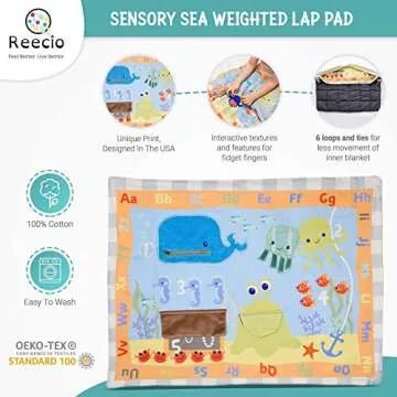 Reecio Weighted Lap Pad Blanket (3 lbs, 20 x 24in) for Toddler Kids & Washable Cover, Unique Cotton/Minky Fidget Cover Designed in The USA, Travel Size Childrens Throw - with Wash Bag (Sensory Sea)