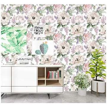 HAOKHOME Peony Peel and Stick Floral Wallpaper Removable Beige/Pink/Grey Vinyl Cabinet Self Adhesive Shelf Liner 17.7in x 9.8ft