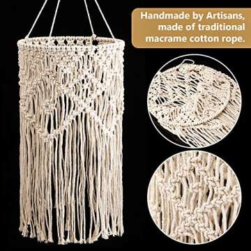 Boao Boho Hanging Lamp Shade Macrame Lamp Shade Light Cover Pendant Light Shade Ceiling Decor for Living Room, Bedroom and Bathroom, Warm White, Bulb Not Included