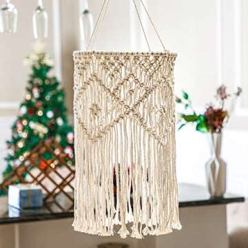 Boao Boho Hanging Lamp Shade Macrame Lamp Shade Light Cover Pendant Light Shade Ceiling Decor for Living Room, Bedroom and Bathroom, Warm White, Bulb Not Included