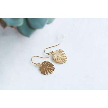 Monstera Leaf Handmade Earrings Botanical Floral Jewelry Gold Tropical Earrings Plant Lady Minimalist Earrings Dangle Earrings Gold Earrings