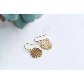 Monstera Leaf Handmade Earrings Botanical Floral Jewelry Gold Tropical Earrings Plant Lady Minimalist Earrings Dangle Earrings Gold Earrings