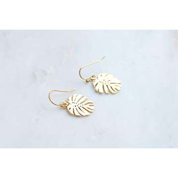 Monstera Leaf Handmade Earrings Botanical Floral Jewelry Gold Tropical Earrings Plant Lady Minimalist Earrings Dangle Earrings Gold Earrings