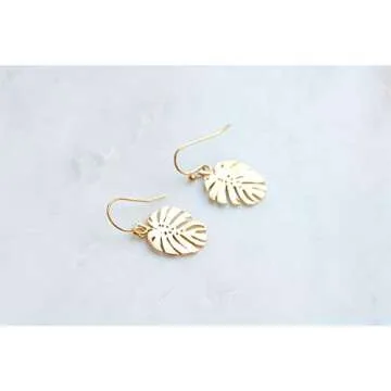 Monstera Leaf Handmade Earrings Botanical Floral Jewelry Gold Tropical Earrings Plant Lady Minimalist Earrings Dangle Earrings Gold Earrings