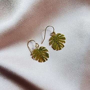 Monstera Leaf Handmade Earrings Botanical Floral Jewelry Gold Tropical Earrings Plant Lady Minimalist Earrings Dangle Earrings Gold Earrings