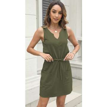 SAUKOLE Women's Summer T Shirt Swing Dress Casual Sleeveless Drawstring Waist Mini Dresses