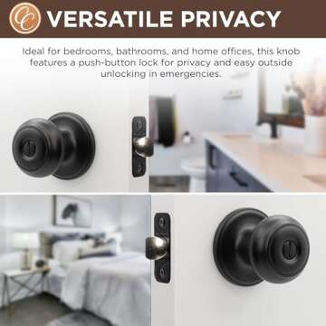 Copper Creek Matte Black Door Knobs - Round Colonial Knob with Privacy Locking Function for Home Improvement, 1 Pack - Fits All Standard Doors - Locking Door Knob for Bedroom and Bathroom Use