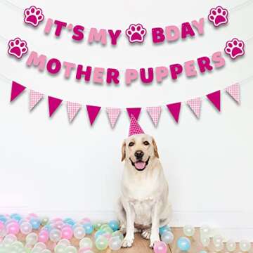 Vicycaty Puppy Dog Birthday Banner, Mother Puppers, It's My Bday, Pink Pennants, 98.43x16.69 inches Cardboard