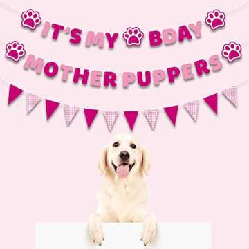 Vicycaty Puppy Dog Birthday Banner, Mother Puppers, It's My Bday, Pink Pennants, 98.43x16.69 inches Cardboard