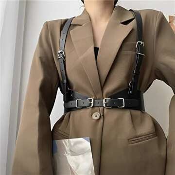 Hitele Waist Punk Vest Belt Fashion Body Chain Black Leather Gothic Adjustable Body Corset Accessory For Parties and Dates (Black L)