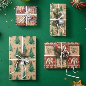 RUSPEPA Christmas Kraft Wrapping Paper - Polar Bear, Reindeer and Christmas Tree Design - 4 Rolls - 30 inches x 10 feet per Roll