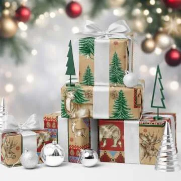 RUSPEPA Christmas Kraft Wrapping Paper - Polar Bear, Reindeer and Christmas Tree Design - 4 Rolls - 30 inches x 10 feet per Roll