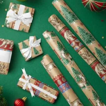 RUSPEPA Christmas Kraft Wrapping Paper - Polar Bear, Reindeer and Christmas Tree Design - 4 Rolls - 30 inches x 10 feet per Roll