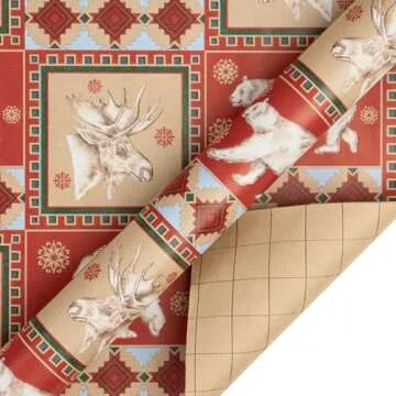 RUSPEPA Christmas Kraft Wrapping Paper - Polar Bear, Reindeer and Christmas Tree Design - 4 Rolls - 30 inches x 10 feet per Roll