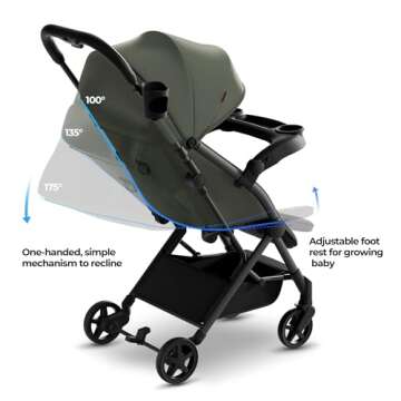 Mompush Lithe V2 Lightweight Stroller + Snack Tray, Ultra-Compact Fold & Airplane Ready Travel Stroller, Near Flat Recline Seat, Cup Holder, Raincover & Travelbag Included