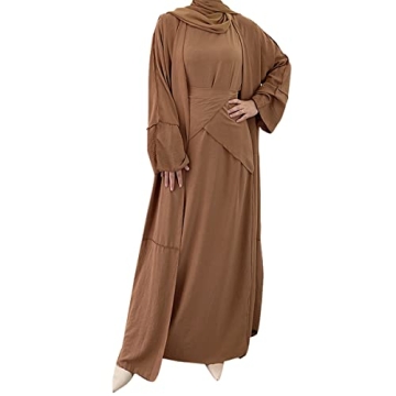 Women's Muslim Abaya Dress Three Pieces Set Islamic Prayer Robe Open Front Flowy Maxi Cardigan Dress...