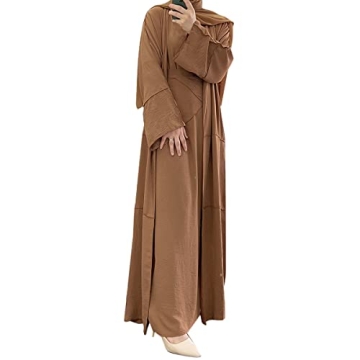 Women's Muslim Abaya Dress Three Pieces Set Islamic Prayer Robe Open Front Flowy Maxi Cardigan Dress Khaki