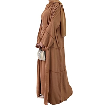 Women's Muslim Abaya Dress Three Pieces Set Islamic Prayer Robe Open Front Flowy Maxi Cardigan Dress Khaki