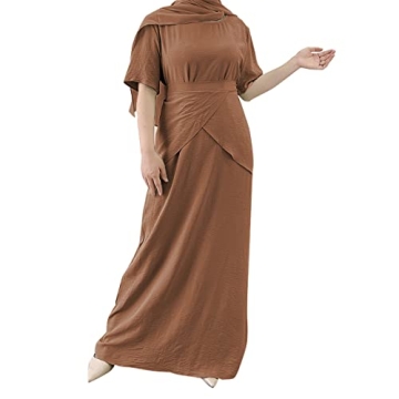 Women's Muslim Abaya Dress Three Pieces Set Islamic Prayer Robe Open Front Flowy Maxi Cardigan Dress Khaki