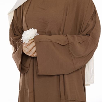 Women's Muslim Abaya Dress Three Pieces Set Islamic Prayer Robe Open Front Flowy Maxi Cardigan Dress Khaki