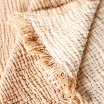 Cacala Muslin Throw Blanket – Muslin Blankets for Adults – Natural Cotton Throw Blankets for Bed and Sofa – Soft and Lightweight 4 Layers – All-Season Boho Throw (78" x 95", Beige)