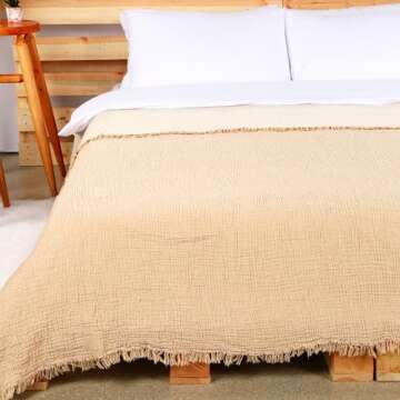 Cacala Muslin Throw Blanket – Muslin Blankets for Adults – Natural Cotton Throw Blankets for Bed and Sofa – Soft and Lightweight 4 Layers – All-Season Boho Throw (78" x 95", Beige)