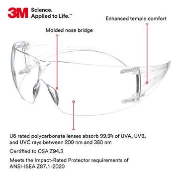 3M Safety Glasses, SecureFit, 1 Pair, ANSI Z87, Anti-Scratch, Clear Lens, Clear Frame, Secure Comfor...