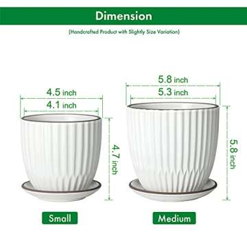 D'vine Dev Set of 2 Stoneware Planter Pots, Ceramic Pot with Drainage Hole and Saucers, 4.5 Inch 5.8 Inch, Ivory, 99-D-1